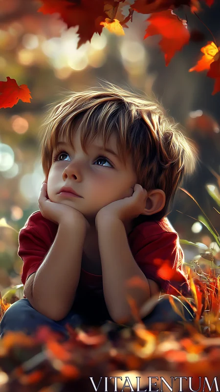 Contemplative child portrait in shallow focus autumn foliage