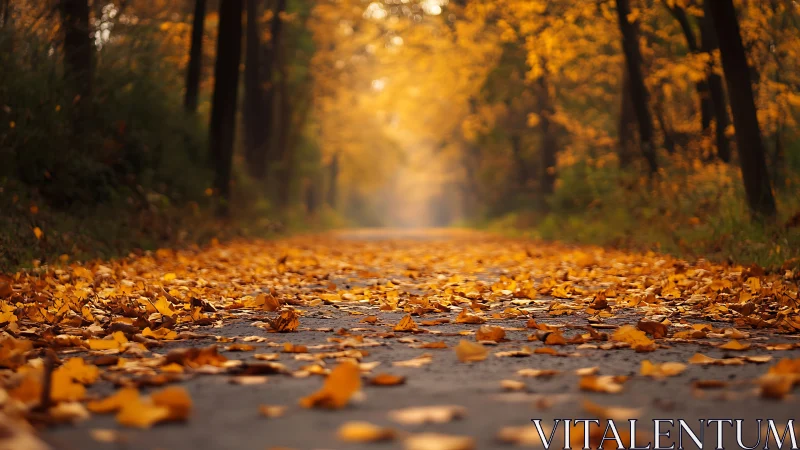 Leaf‑covered forest pathway in soft autumn daylight.