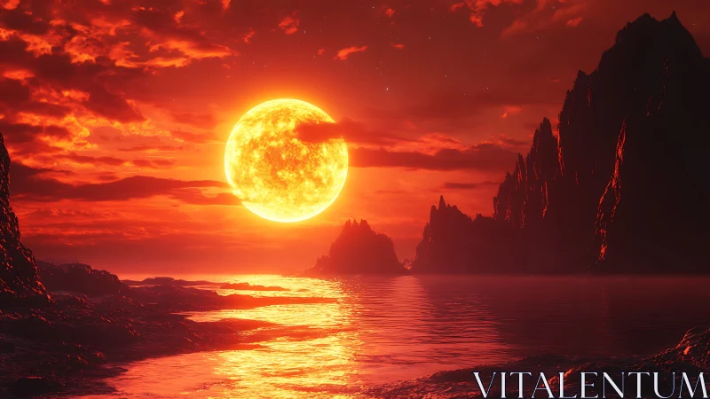 Stellar red giant over jagged coastal cliffs at sunset