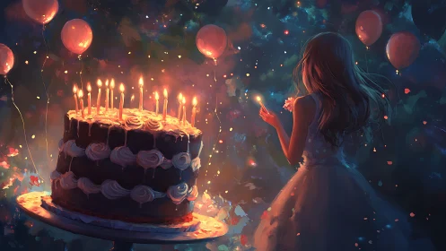 Illuminated Birthday Cake with Figure in Festive Setting.