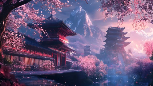 Digital painting of sakura temples in luminous mountain valley.