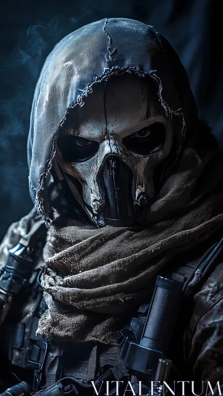 Tactical skull-masked operative in weathered hooded combat rig