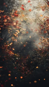 Autumn foliage suspended in atmospheric haze and golden light.