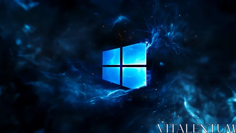 Windows logo glows within electric blue cosmic nebula.