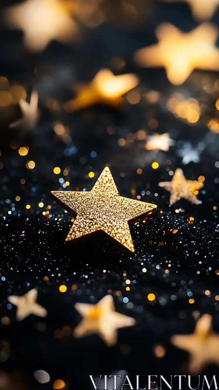 Glittered gold star sails through a dreamy bokeh galaxy