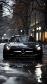 Midnight black supercar prowls through soft winter drizzle.
