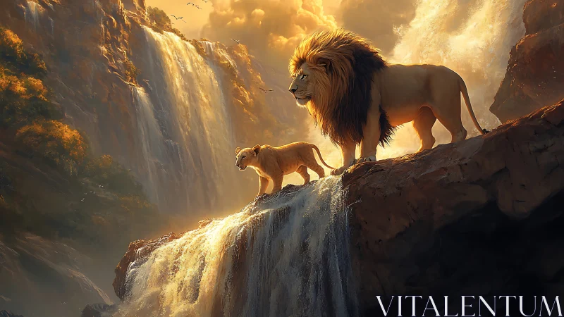 Majestic Lion and Cub in Radiant Canyon with Cascading Waterfalls.