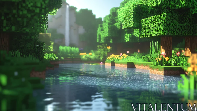 Blocky river landscape with bright forest and waterfall.