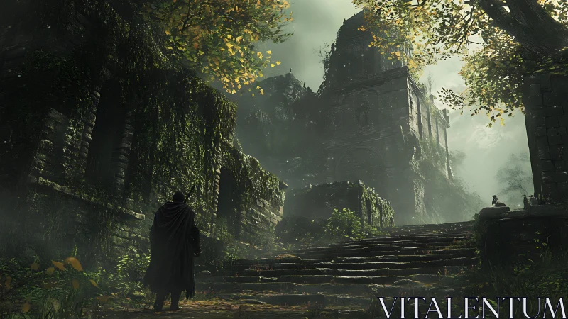 Hooded wanderer enters misty overgrown ruin at dawn