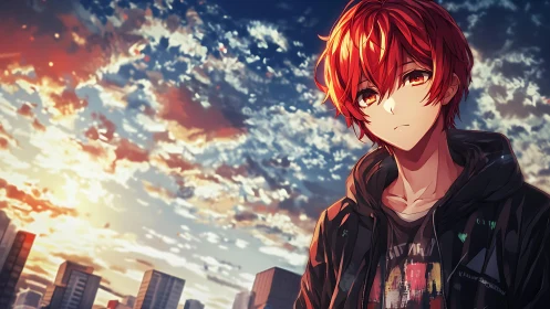 Red haired teen in urban skyline at dramatic sunset hour