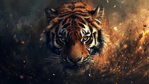 Tiger face emerging through sparks and dark smoky ground.