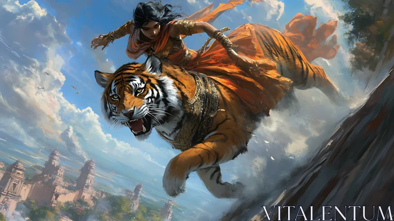 Skyward tiger charge with warrior wrapped in burning silk.