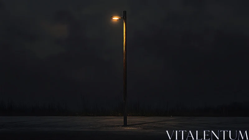 Solitary streetlamp casts warm light over empty wet road