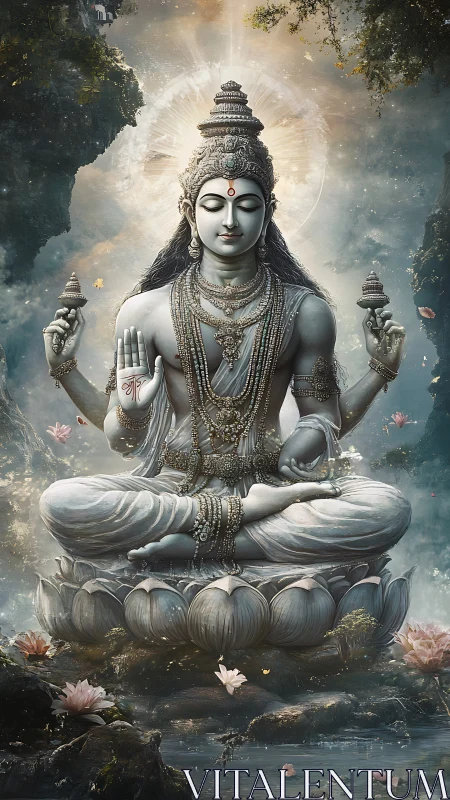 Serene lotus guardian radiating jeweled celestial calm.