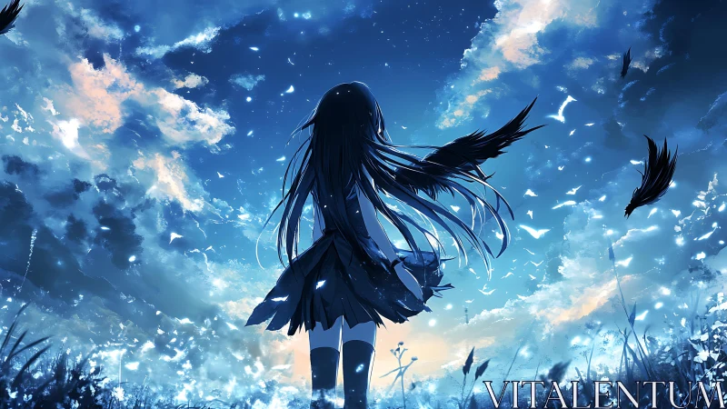 Winged girl faces luminous twilight sky in blue field