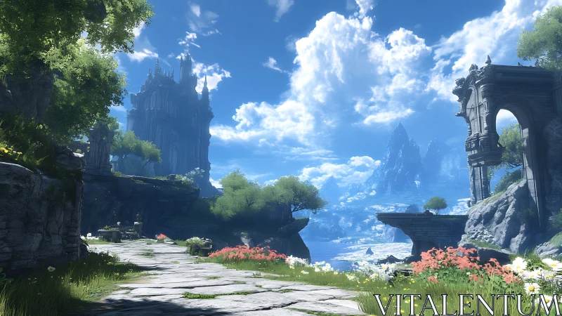 Sunlit fantasy ruins overlook a luminescent coastal valley