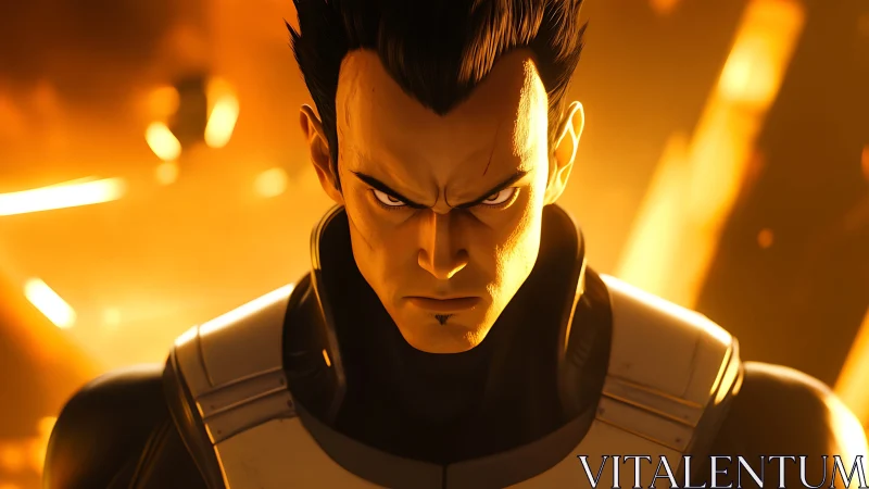 Intense anime warrior portrait under blazing orange light.