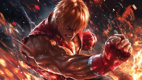 Muscular fighter with red gloves punches through glowing sparks