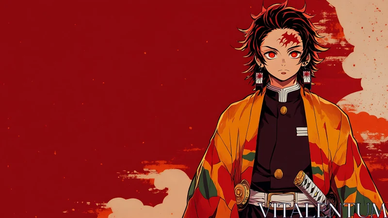 Anime character stands before flat red abstract background