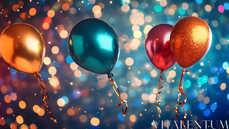 Metallic balloons against bokeh celebration backdrop.