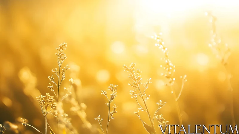 Backlit wild grass stems in soft golden sunlight field.