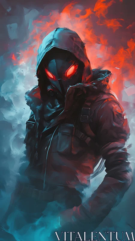 Hooded gas‑mask sentinel framed by bifurcated fire and vapor fields
