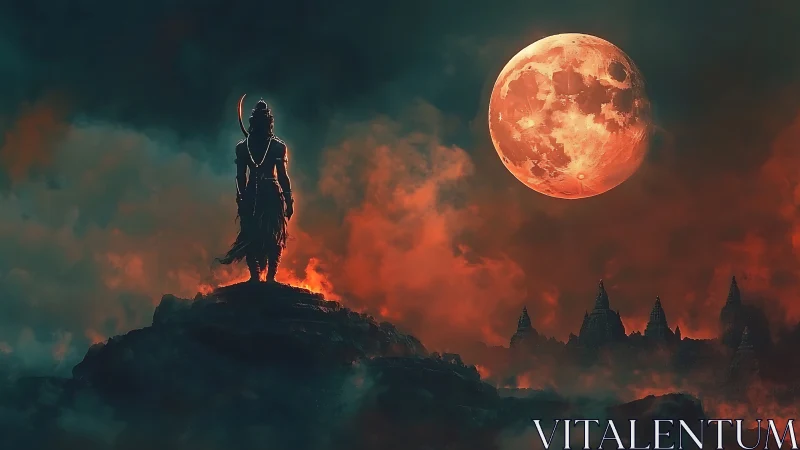 Warrior silhouette under blood moon above burning temples.