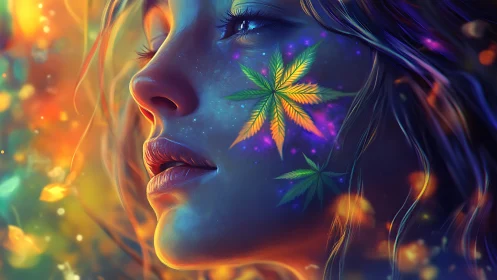 Dreamlit portrait with glowing leaves and soft cosmic light.