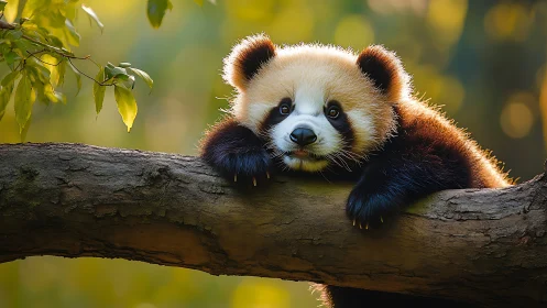 Dreamy red panda daydreams on a sunlit forest branch.