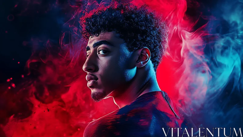 Man in profile surrounded by contrasting red and blue smoke