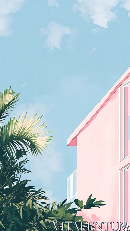 Soft pink coastal home basking under a dreamy blue sky.