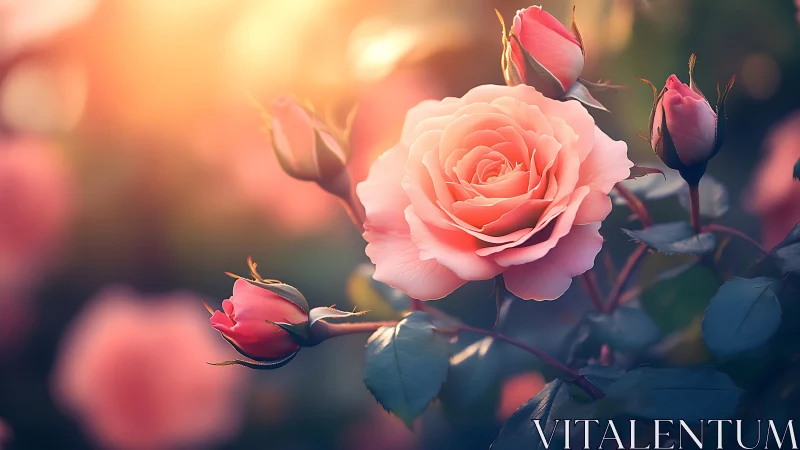 Golden Hour Blooms: Soft Roses Bathed in Warm Sunlight.