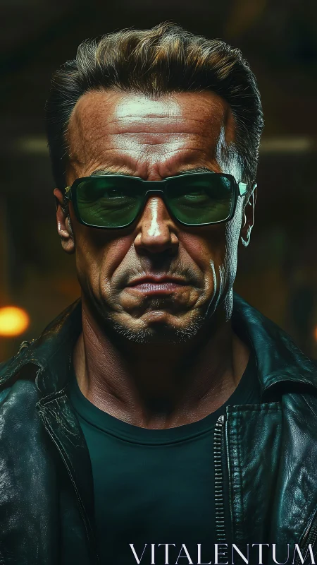 Steel-gazed biker locks the viewer in a neon-soaked stare