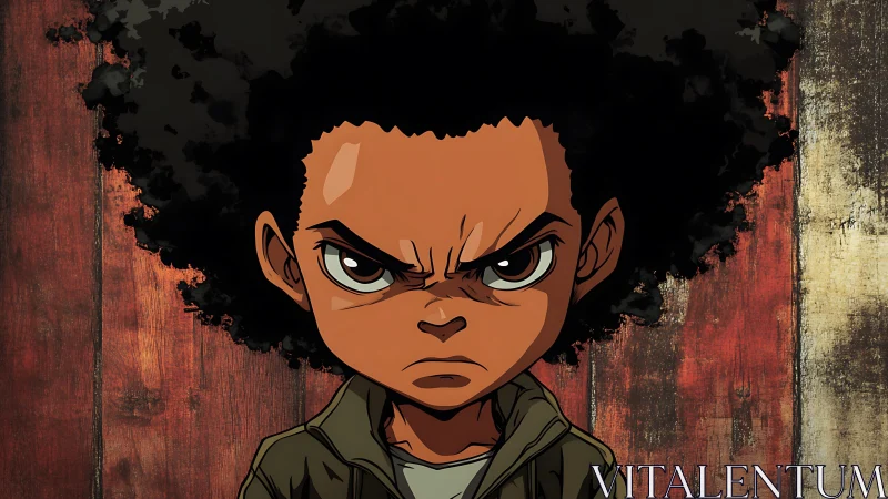 Intense afro-crowned youth in high-contrast anime portrait.