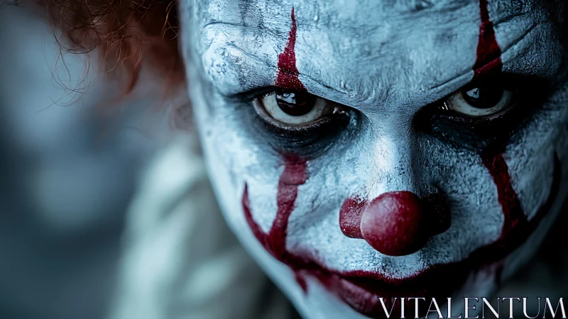 Menacing horror clown portrait in cold cinematic closeup.