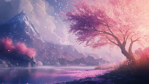 Serene pink blossom tree beside calm mountain lake.