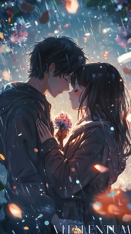 Romantic anime couple stands close together in the rain.