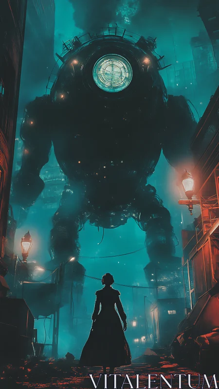 Silhouetted figure facing massive mechanized walker at night.