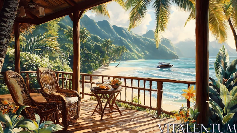 Tropical veranda overlooking lagoon beach with moored motorboat