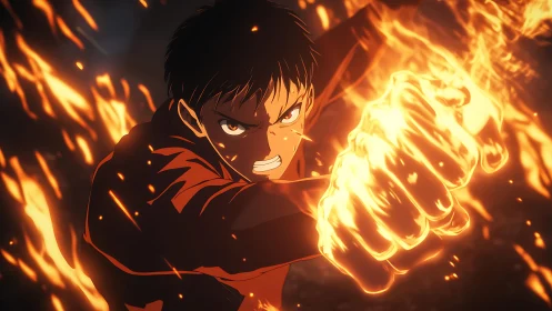 Fiery young hero unleashes a blazing punch in mid battle