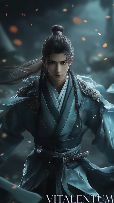 Stormborn swordsman in teal robes amid emberlit twilight.