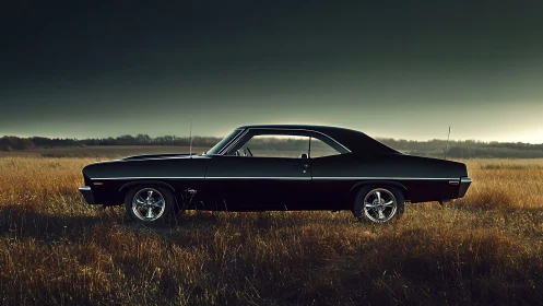 Classic black muscle car stands in moody rural grassland at dusk