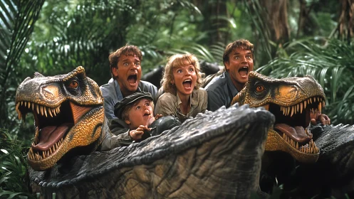 Group in jungle setting with dinosaur ride vehicles.