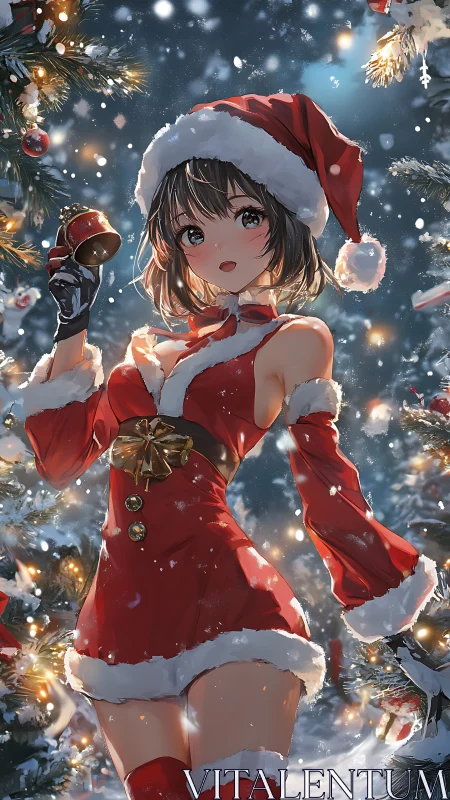 Starlit anime Santa girl ringing bells in snowy glimmer.