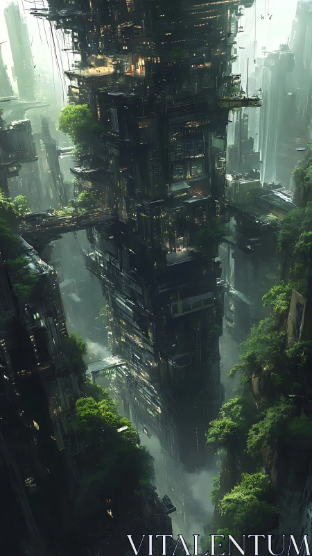 Vertical forest city where quiet greenery softens steel towers.