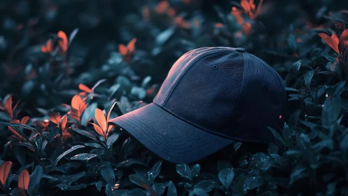 Dark cap lies on wet foliage under teal and orange bokeh lighting