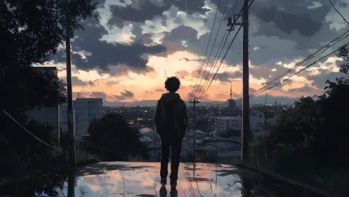 Solitary figure on wet hill overlooking evening cityscape.