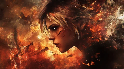 Battle-scarred warrior profile emerges through burning chaos