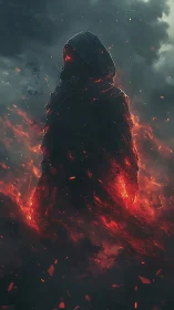 Hooded fiery figure emerging from dark storm clouds.