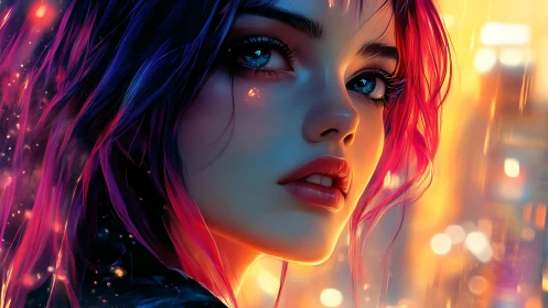 Neon haired woman gazes into glowing futuristic city lights